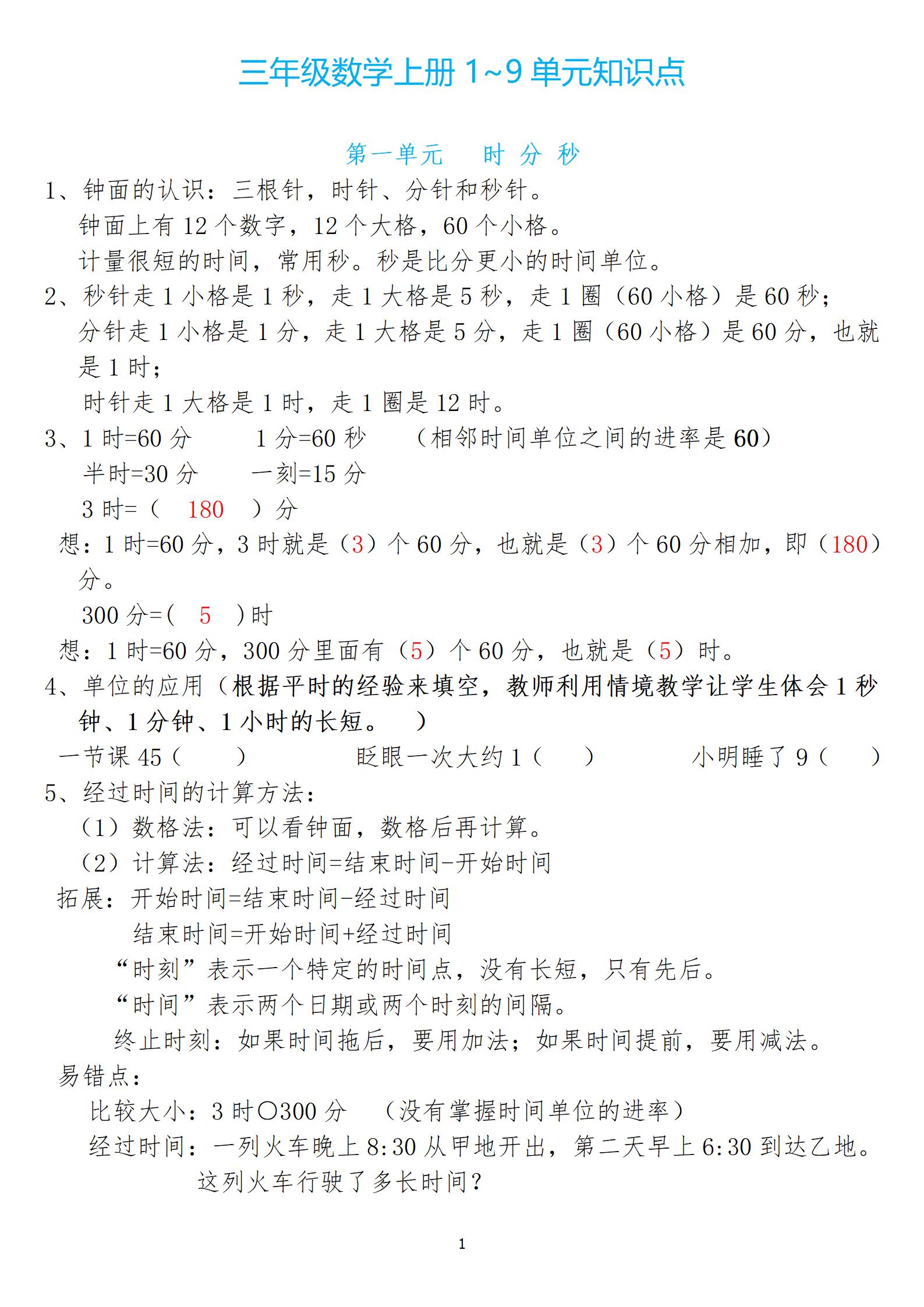 小學(xué)1-5年級1-9單元數(shù)學(xué)上冊知識點(diǎn)